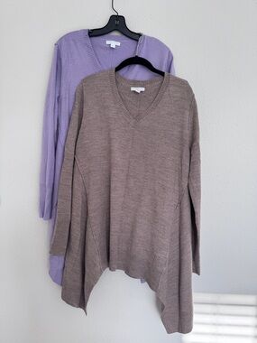 Set of 2 New York & Company Top Women's L Knit Beige Lavender Asymmetrical Hem
